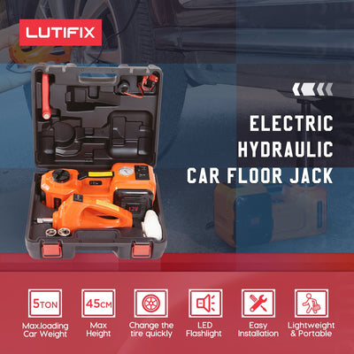 LUTIFIX Car Jack 3in1 Electric Hydraulic Jacks 5T Car Floor Jack 12V with Inflator Pump LED Light for Truck Tire Repair 45CM