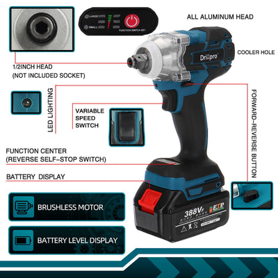 388vf 520N.M Brushless Cordless Electric Impact Wrench 1/2 inch Power Tools 15000mAh Li Battery Compatible Makita 18V Battery