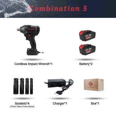 ALLSOME 168VF 520N.m 20800mah Brushless Wrench Li-ion Battery Electric Wrench Cordless Waterproof Impact Wrench Kit HT2896