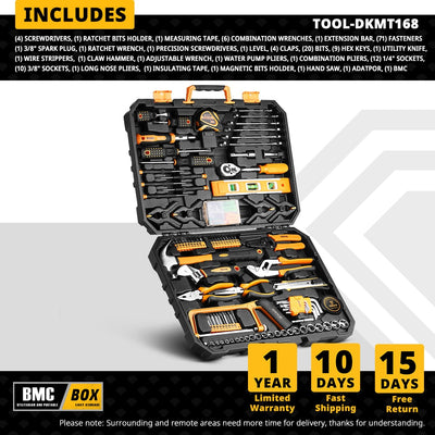 DEKO 168 PCS Socket Wrench Auto Repair Tool Combination Package Mixed Tool Set Hand Tool Kit with Storage Case Screwdriver